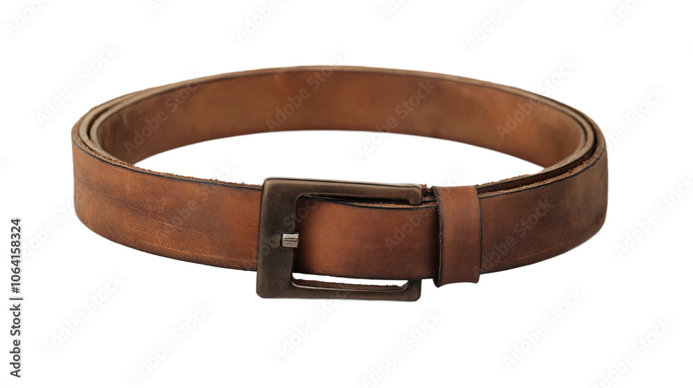 Single brown leather belt with square buckle. Belt is positioned in center of frame, slightly tilted to right. Brown belt stands out against stark isolated transparent background. Alpha mask cut out. Single brown leather belt with square buckle. Belt is positioned in center of frame, slightly tilted to right. Brown belt stands out against stark isolated transparent background. Alpha mask cut out.