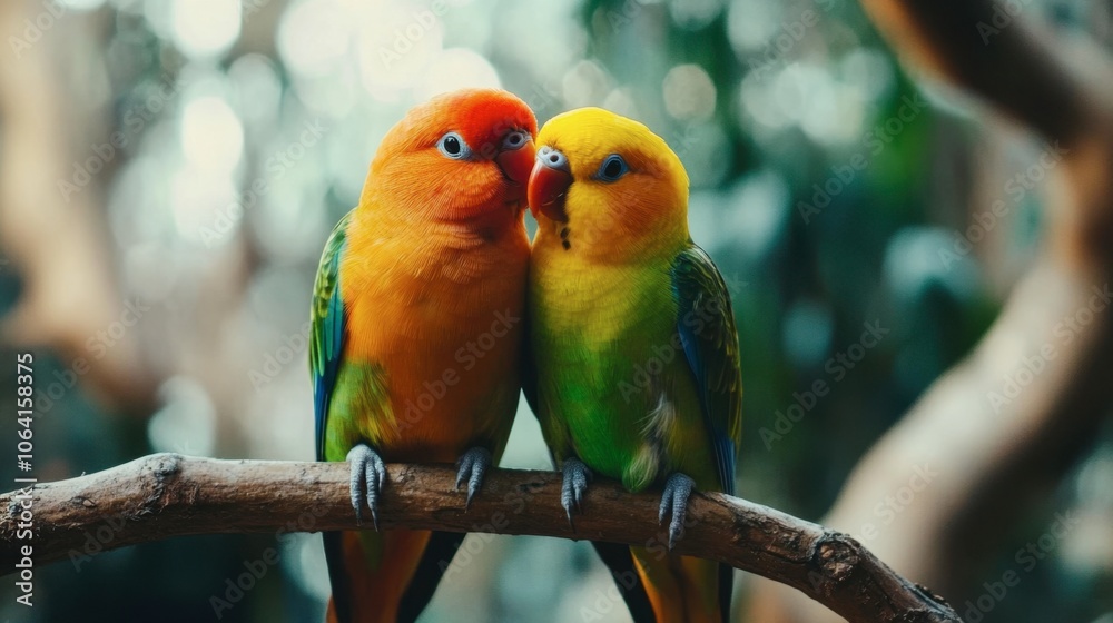 Obraz premium Colorful Parrots Sharing a Moment on a Branch