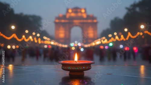 Festive Diya Candle with Reflections in Indian Cultural Celebration Scene photo