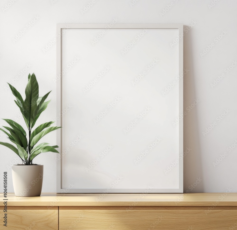 Large white blank poster frame on top of a dresser with light wood grain and beige accents, minimalist decor, empty wall background perfect for text or images, small plant adding life. Large white blank poster frame on top of a dresser with light wood grain and beige accents, minimalist decor, empty wall background perfect for text or images, small plant adding life.