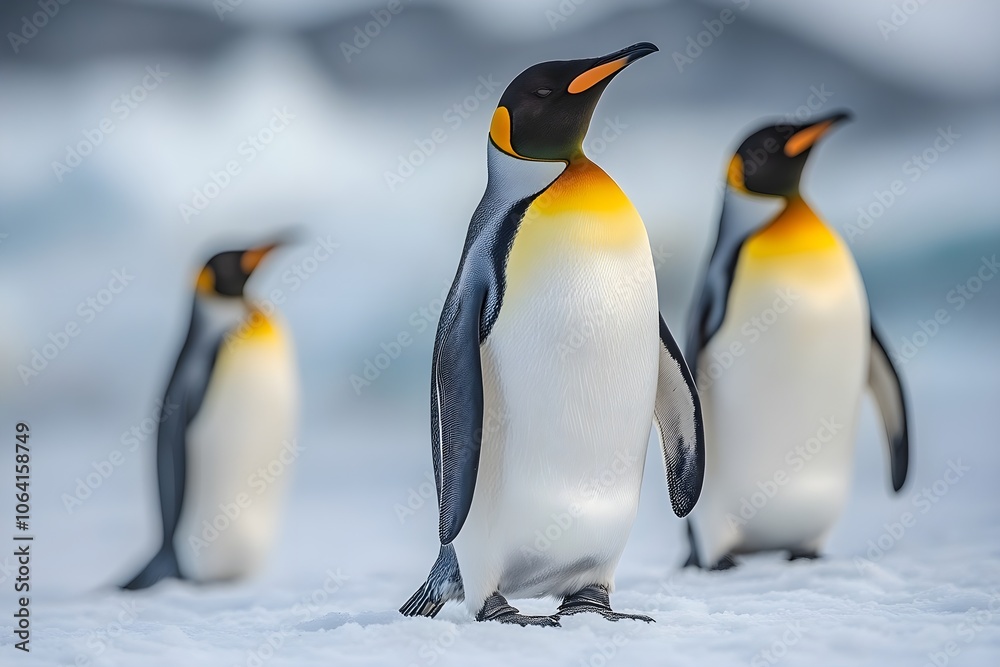 Fototapeta premium Penguins standing on the shore of a snow covered Antarctic island