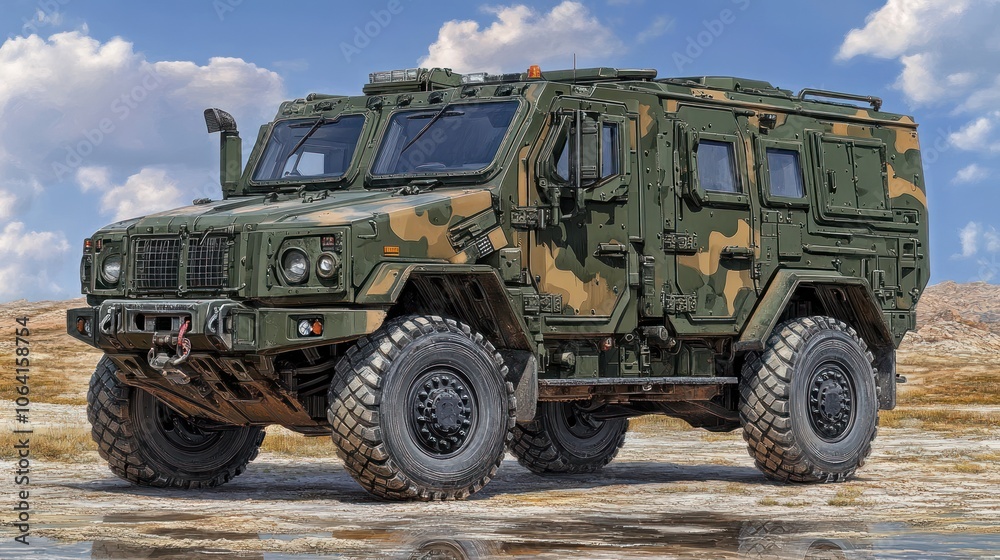Military armored vehicle with camouflage paint on a desert background. Military armored vehicle with camouflage paint on a desert background.
