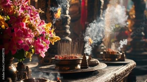 Incense burning in a temple with flowers and smoke. photo