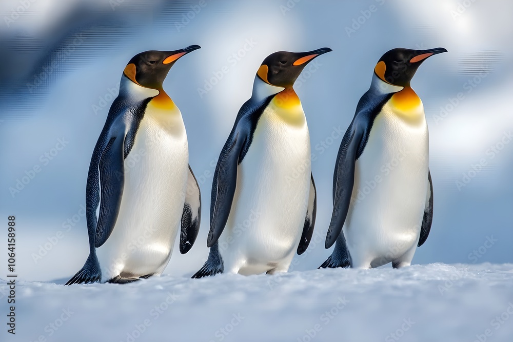 Fototapeta premium Penguins standing on the shore of a snow covered Antarctic island