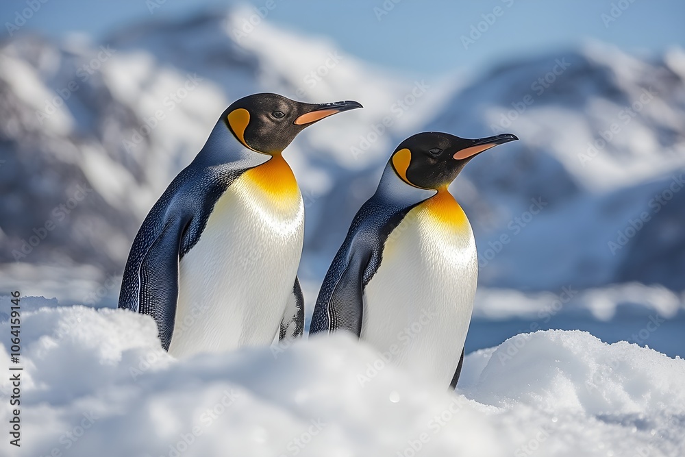 Obraz premium Penguins standing on the shore of a snow covered Antarctic island