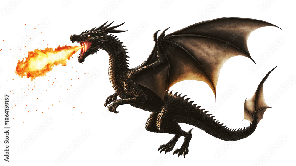 Black dragon soars through the sky with fiery red tongue and wings. Scales cover its body, tail visible behind. Central position on light gray background contrasts with dark form. Transparent isolated Black dragon soars through the sky with fiery red tongue and wings. Scales cover its body, tail visible behind. Central position on light gray background contrasts with dark form. Transparent isolated
