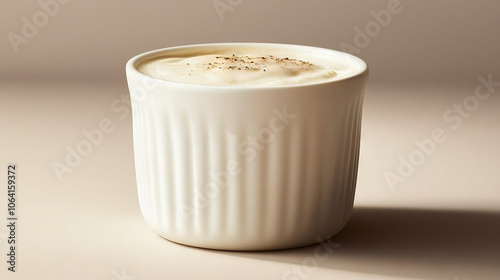   A close-up photo of a mug of coffee sitting on a light-colored table against a similar background