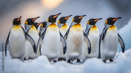 Penguins standing on the shore of a snow covered Antarctic island