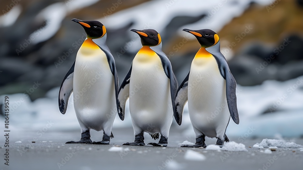 Fototapeta premium Penguins standing on the shore of a snow covered Antarctic island