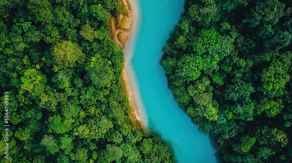   Blue river flows through dense forest in aerial view