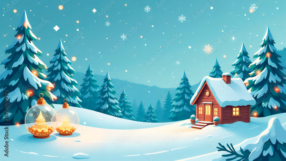 Snowy winter landscape with a wooden cabin, Christmas card Snowy winter landscape with a wooden cabin, Christmas card