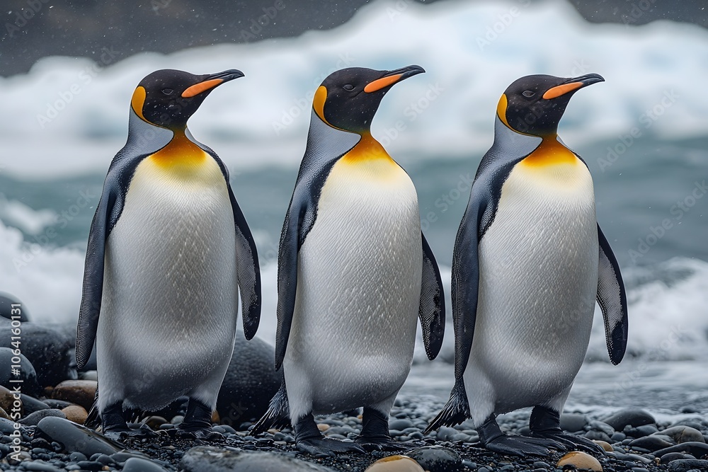 Fototapeta premium Penguins standing on the shore of a snow covered Antarctic island