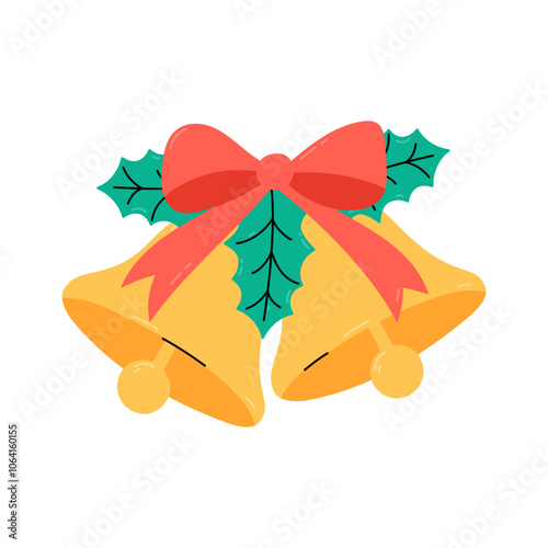 Cute Christmas bells tied with bow and holly leaves. Isolated vector illustration. Two jingle bells as Xmas holiday symbol for December seasonal designs and greeting cards. Flat and doodle elements