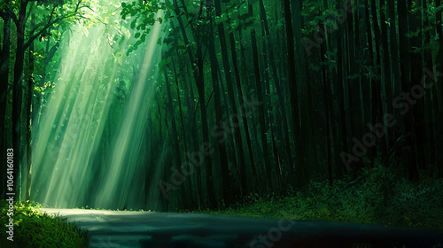   A forest road glows with tree lights on either side