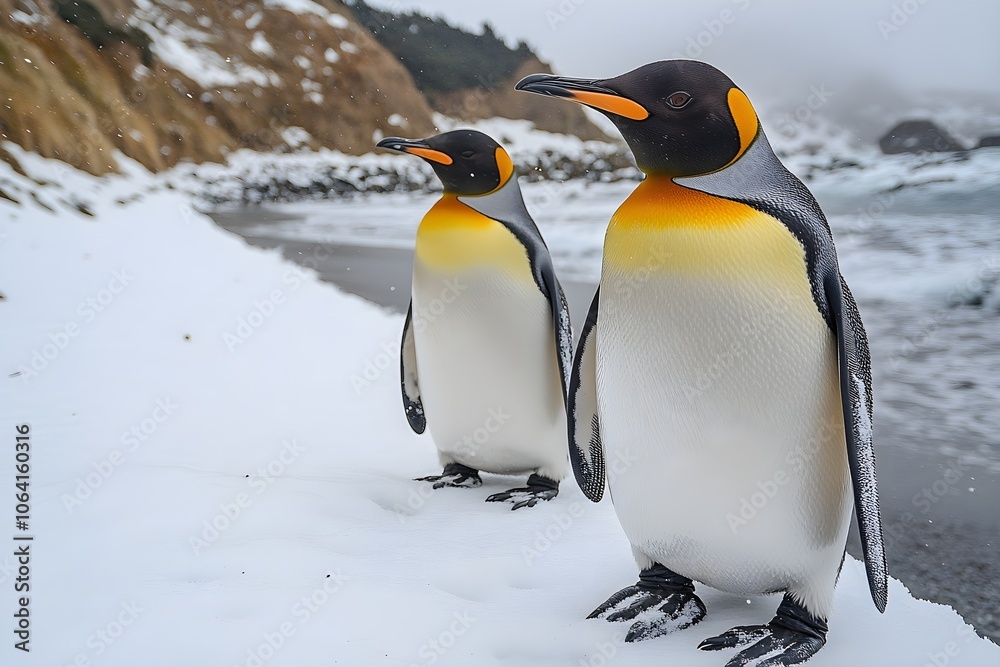 Fototapeta premium Penguins standing on the shore of a snow covered Antarctic island