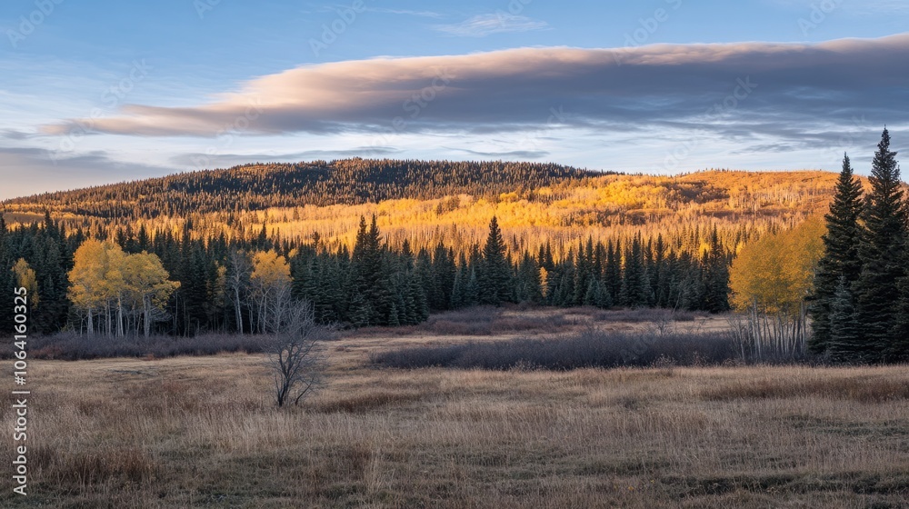 Golden sun setting behind mountain trees, casting long shadows over the forested landscape