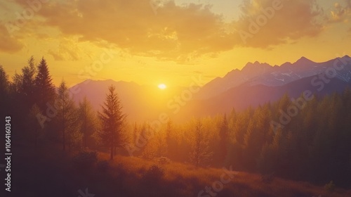 Golden sun setting behind mountains, casting a glow on the forest and painting the sky in warm hues