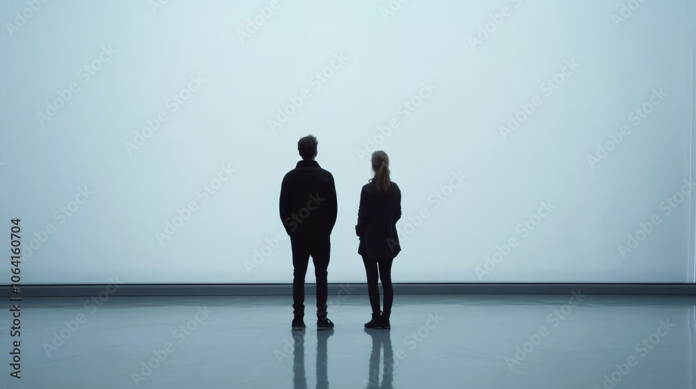 Two people stand facing a large white screen in a spacious room. Concept of contemplation and modern minimalism.