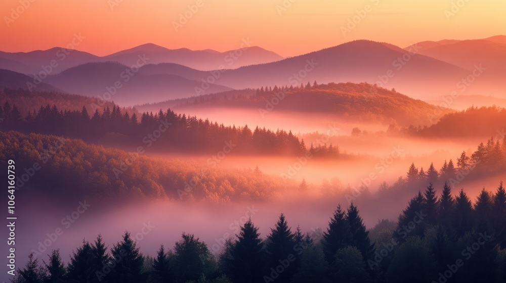 Misty forest and mountain peaks at sunset, with warm colors casting a soft glow over the scene Misty forest and mountain peaks at sunset, with warm colors casting a soft glow over the scene