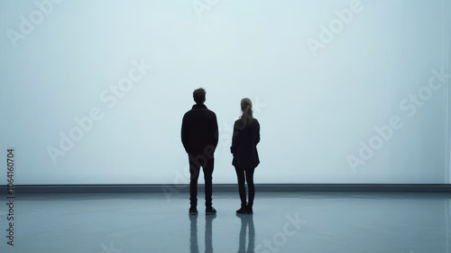 Obraz na płótnie Two people stand facing a large white screen in a spacious room. Concept of contemplation and modern minimalism. w salonie