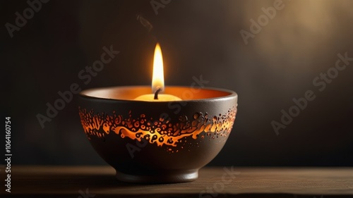 a crafted candle holder with an intricate design, holding a single lit candle. The soft glow of the candle casts a warm, inviting light on the surrounding area.