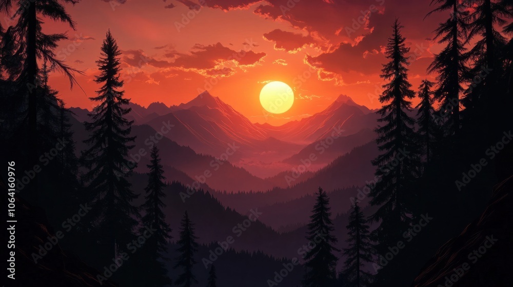 Silhouette of pine trees against a fiery sunset sky, framing a breathtaking mountain view Silhouette of pine trees against a fiery sunset sky, framing a breathtaking mountain view
