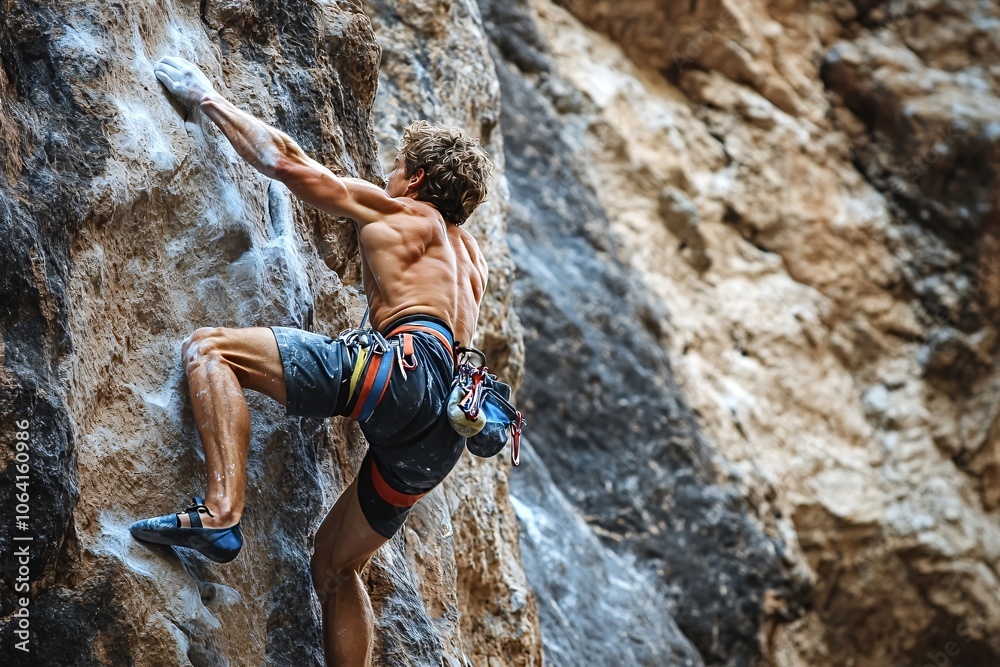 Muscular climber is ascending a challenging rock face, demonstrating strength, skill, and determination amidst a natural, rocky landscape