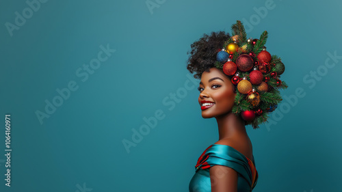 A close-up portrait of a smiling and confident girl with colorful Christmas baubles in her hair, standing in front of a solid background, with vibrant and cheerful colors in the spirit of New Year's