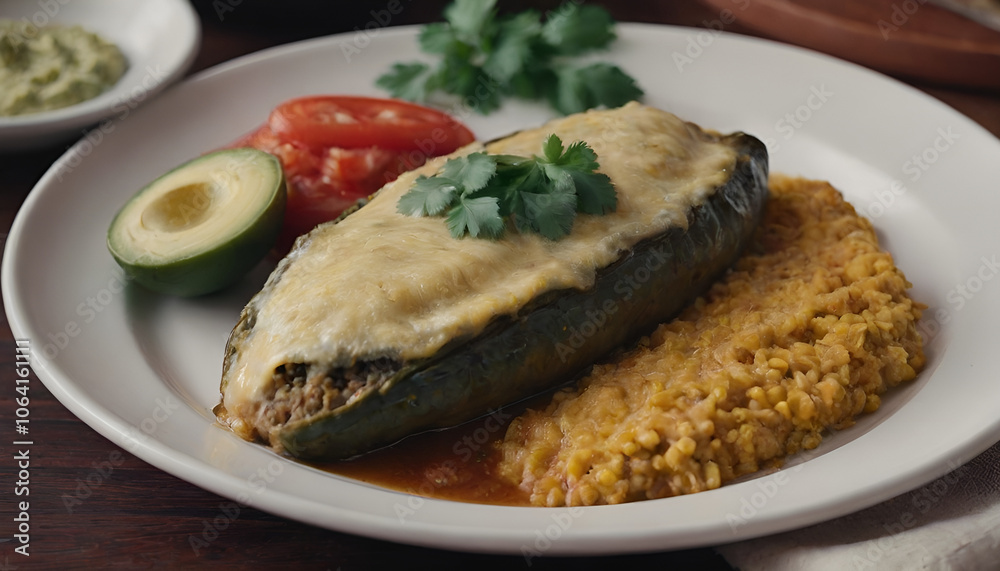 chile relleno on a plate with rice on the side chile relleno on a plate with rice on the side
