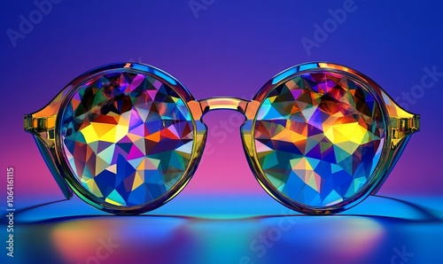 A pair of eyeglasses with lenses that reflect a kaleidoscope of colors, representing diverse perspectives and insights.