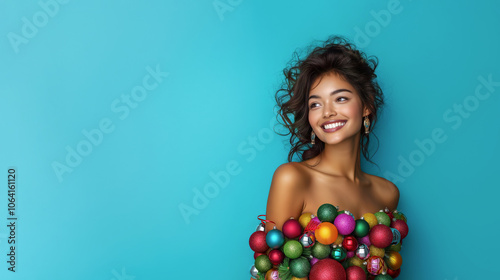 A portrait of an irresistible and confident girl wearing a dress made of Christmas baubles, standing in front of a solid background, with vibrant and cheerful colors in the spirit of New Year's