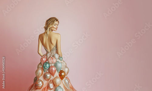 A portrait of an irresistible and confident girl wearing a dress made of Christmas baubles, standing in front of a solid background, with vibrant and cheerful colors in the spirit of New Year's