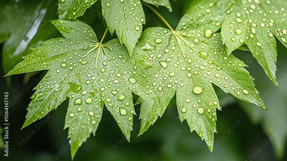An enchanting close up of vibrant green leaves covered in sparkling water droplets, capturing the essence of a dewy morning in the heart of a lush forest. An enchanting close up of vibrant green leaves covered in sparkling water droplets, capturing the essence of a dewy morning in the heart of a lush forest.