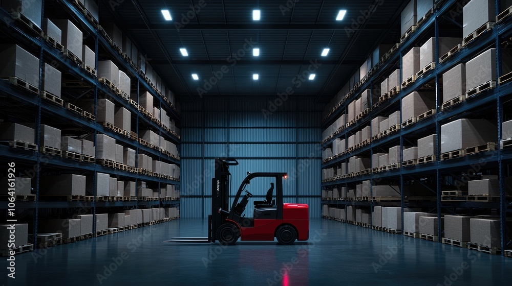 A red forklift sits in the middle of a large warehouse, surrounded by rows of shelves stocked with boxes. A red forklift sits in the middle of a large warehouse, surrounded by rows of shelves stocked with boxes.