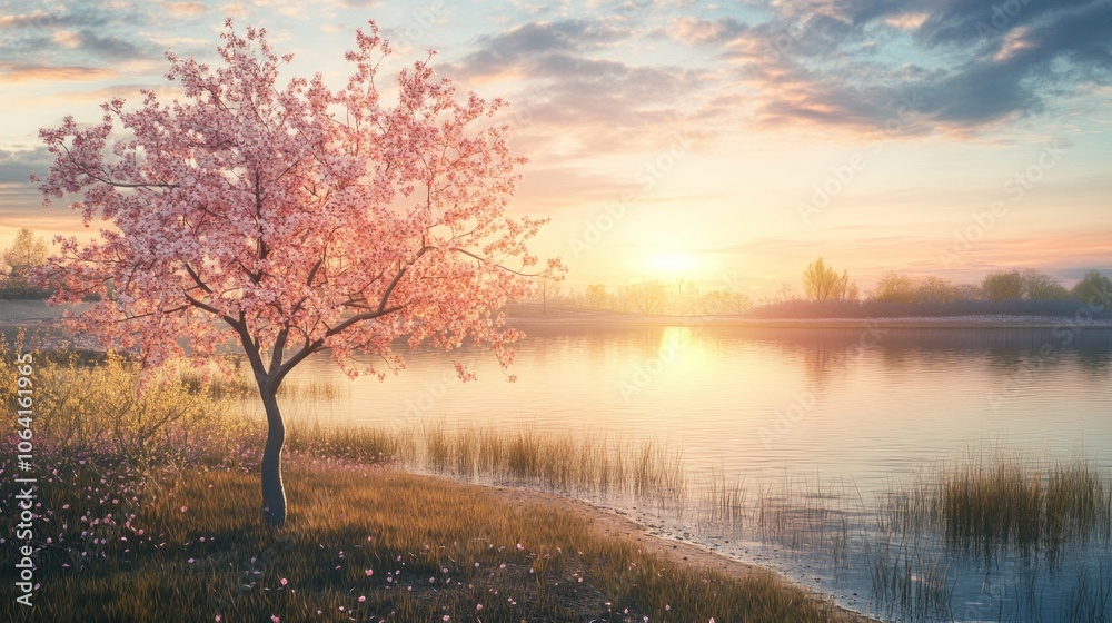 A single blossoming pink tree stands on a grassy bank at the edge of a tranquil lake, bathed in the soft glow of a setting sun. A single blossoming pink tree stands on a grassy bank at the edge of a tranquil lake, bathed in the soft glow of a setting sun.