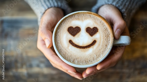person holding cup of coffee with smiley face drawn on foam positive morning ritual concept
