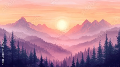 Sunset over misty forested mountains, with soft pink and orange tones blending into the horizon