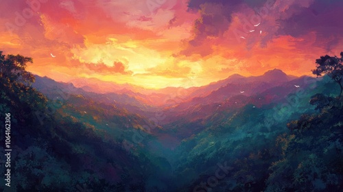 Sunset sky over lush mountain forest, with shades of orange and pink blending into a warm evening scene