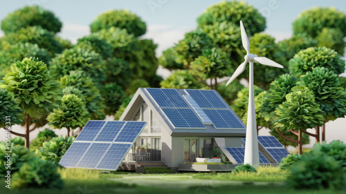 A house with a wind turbine on top of it. The house is surrounded by trees and has solar panels on the roof. Scene is peaceful and environmentally friendly