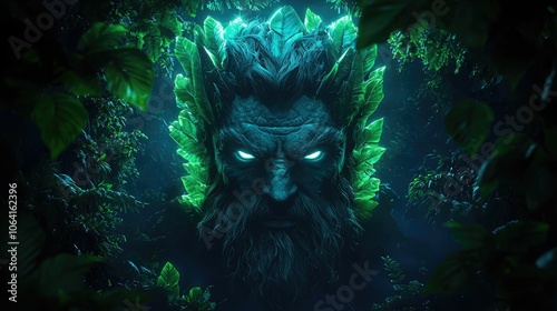 A mystical and ancient figure with a beard of vines and crystal-like horns emerges from a dark, leafy forest.
