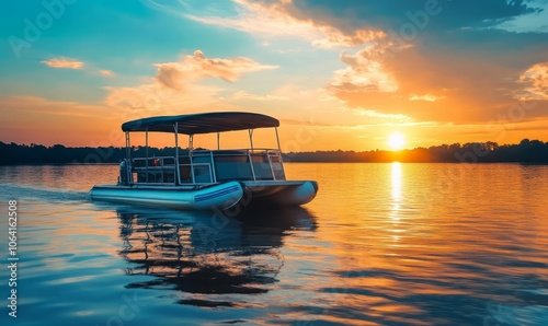 A pontoon boat sailing on a lake with a stunning sunset, capturing the idyllic and peaceful nature of a quiet evening on the water photo
