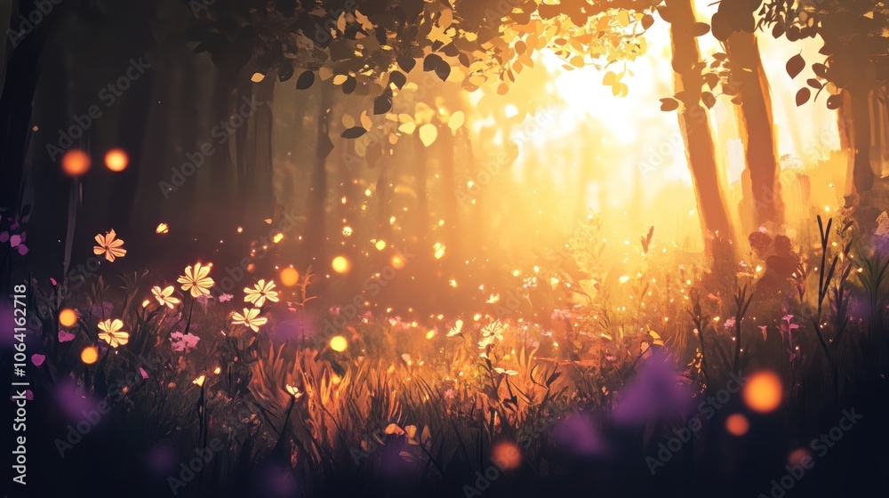 A magical forest clearing bathed in warm sunlight, with fireflies illuminating the air and wildflowers blooming. A magical forest clearing bathed in warm sunlight, with fireflies illuminating the air and wildflowers blooming.