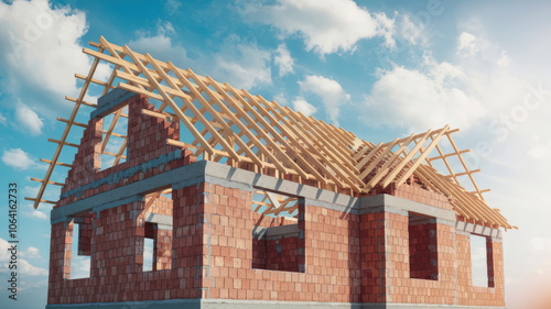 A house is being built with a wooden roof. The house is unfinished and has a lot of exposed brick. The sky is blue and there are clouds in the background