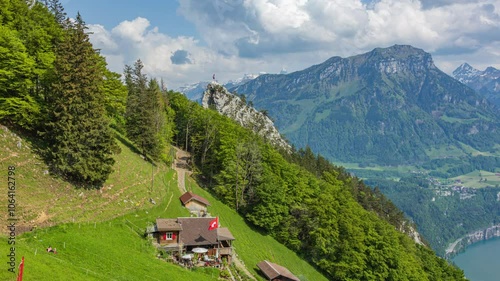 Time lapse of dancing clouds above the mountains. Mountain landscape. Urmiberg Stockflue, Rigi area, Canton Schwyz, Switzerland.