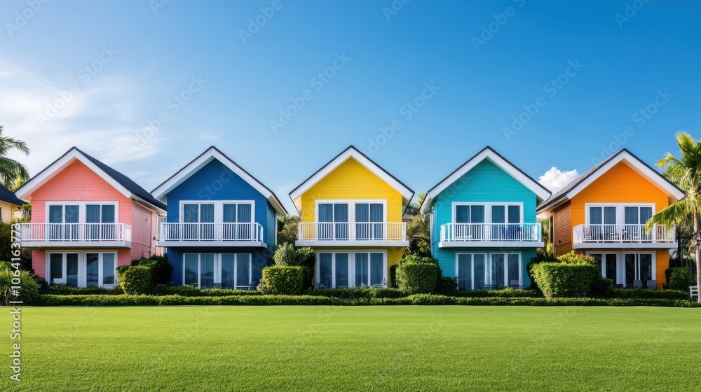 Obraz premium Colorful Houses in Vibrant Row on Green Lawn