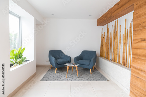 lobby de edificio con sala de espera, con muebles modenos