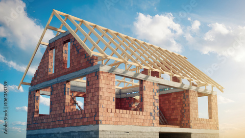 A house is being built with a wooden roof. The house is unfinished and has a lot of exposed brick. The sky is blue and there are clouds in the background