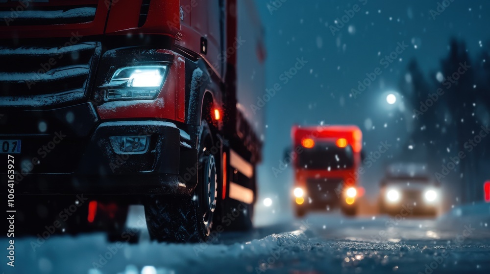 Red Trucks on Snowy Road in Heavy Snowfall Red Trucks on Snowy Road in Heavy Snowfall