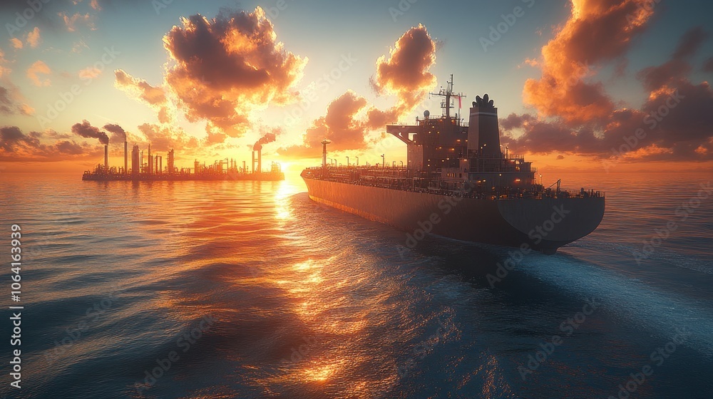 Oil tanker ship sailing towards industrial port at sunset. Oil tanker ship sailing towards industrial port at sunset.