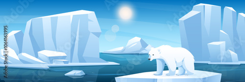 Arctic landscape with white polar bear. Vector illustration of wildlife, snowy Northern polar nature with bear, icebergs, glaciers. Ice floating on cold deep water. Horizontal view. Global warming